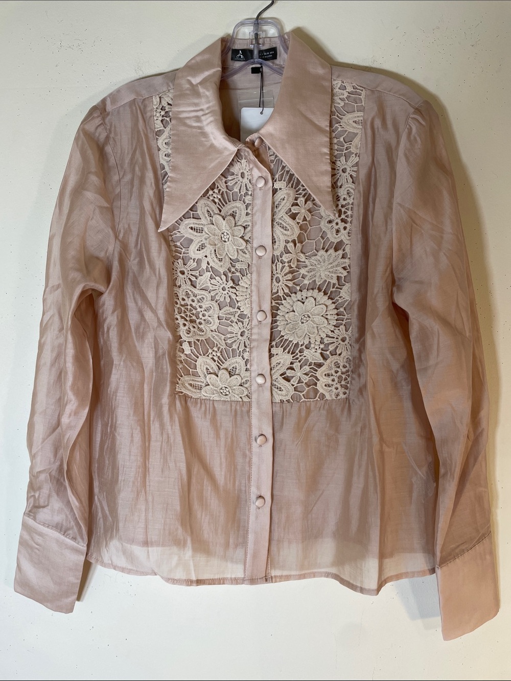 ANEWSTA Crochet Lace-Panel Button Down Shirt - Blush Pink. 6. NWT. - Picture 2 of 11